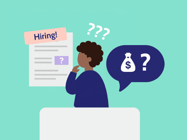 Illustration of a job seeker puzzling over a job ad with a hidden salary