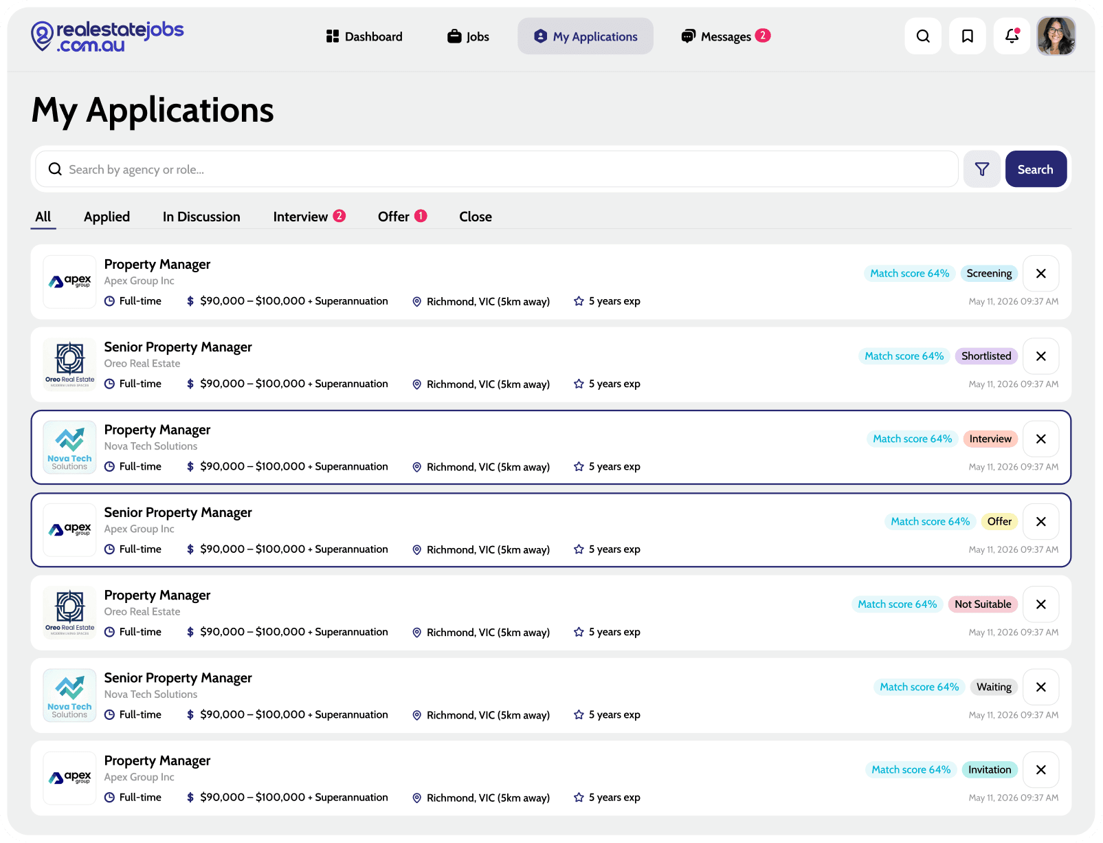 Real Estate Jobs Australia applications dashboard preview
