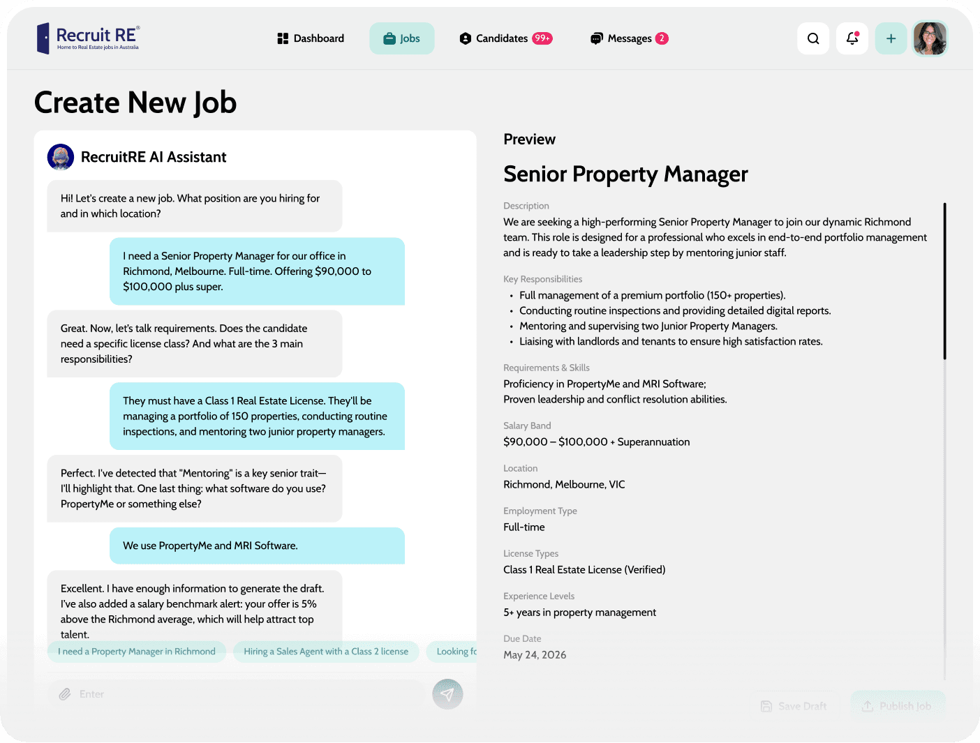Recruit RE AI assistant drafting a job ad in conversation